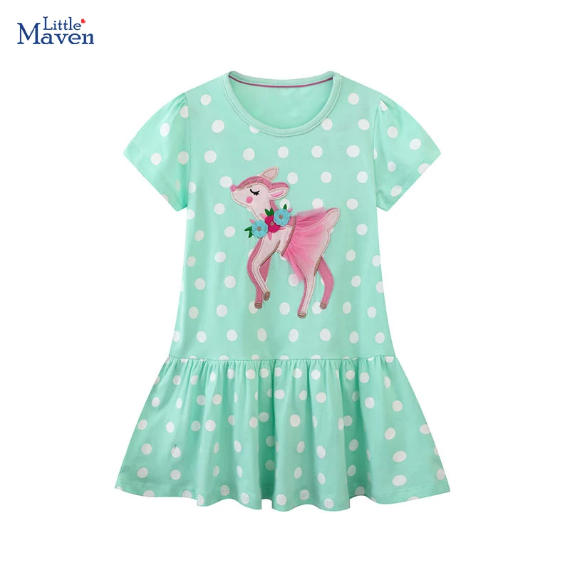 Little maven 2024 Girls Clothes Summer Cartoon Embroidered Deers Princess Birthday Holiday Dresses Party Dress for Kids