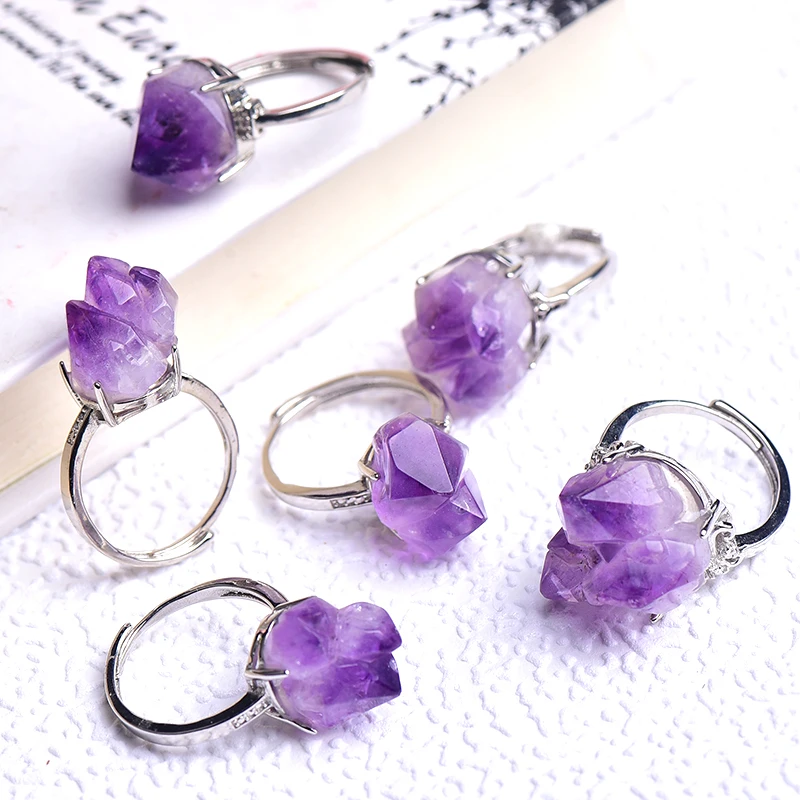 1PC Fashion Luxury Amethyst Flower Ring Healing Purple Crystal Mineral Clusters Open Irregular Jewelry Temperament Woman Gifts