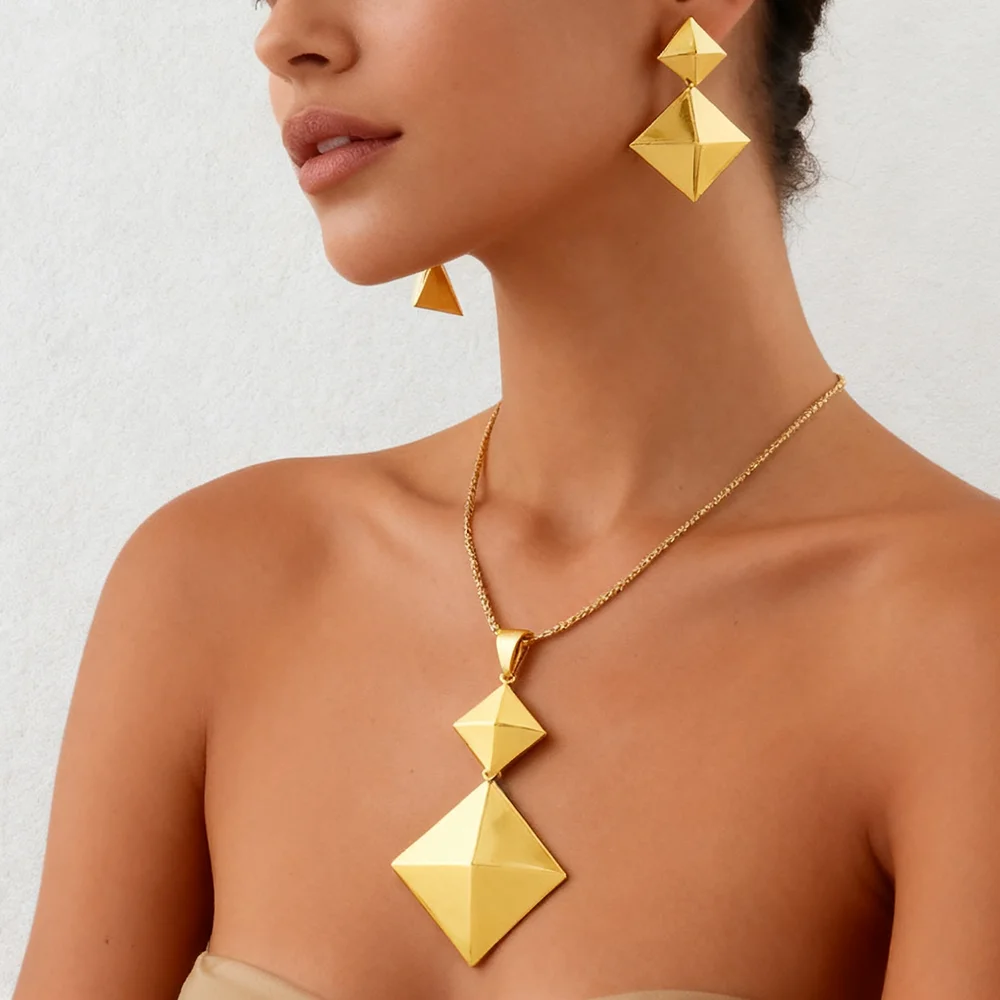 

316L stainless steel gold color jewelry set women Fashion Personality Simple Rhombus necklaces earrings wedding party gift