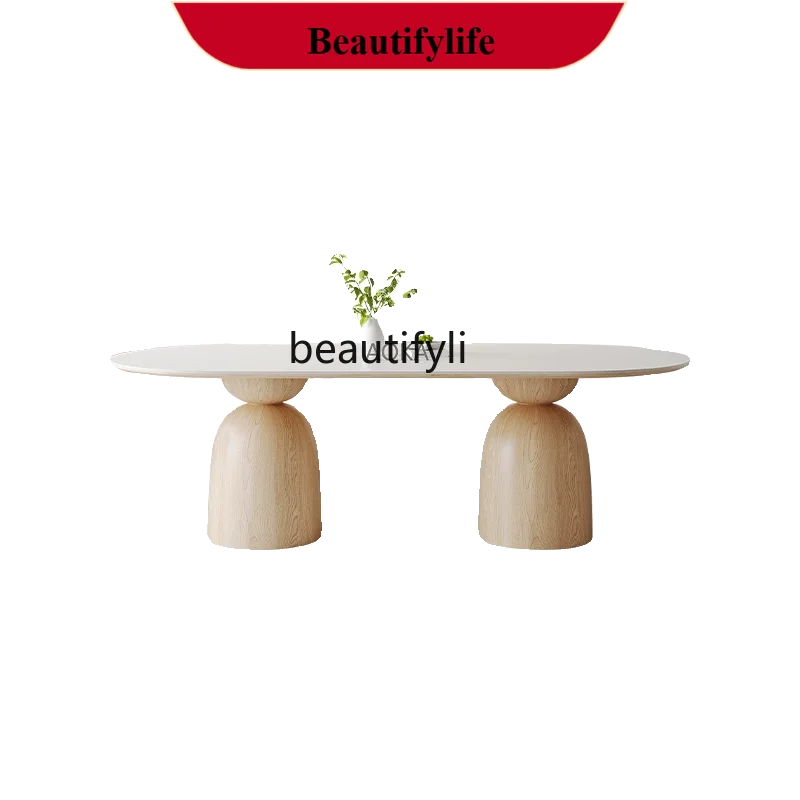 z183 Solid wood rock slab dining table Home restaurant Villa oversized long table Log cream wind oval workbench