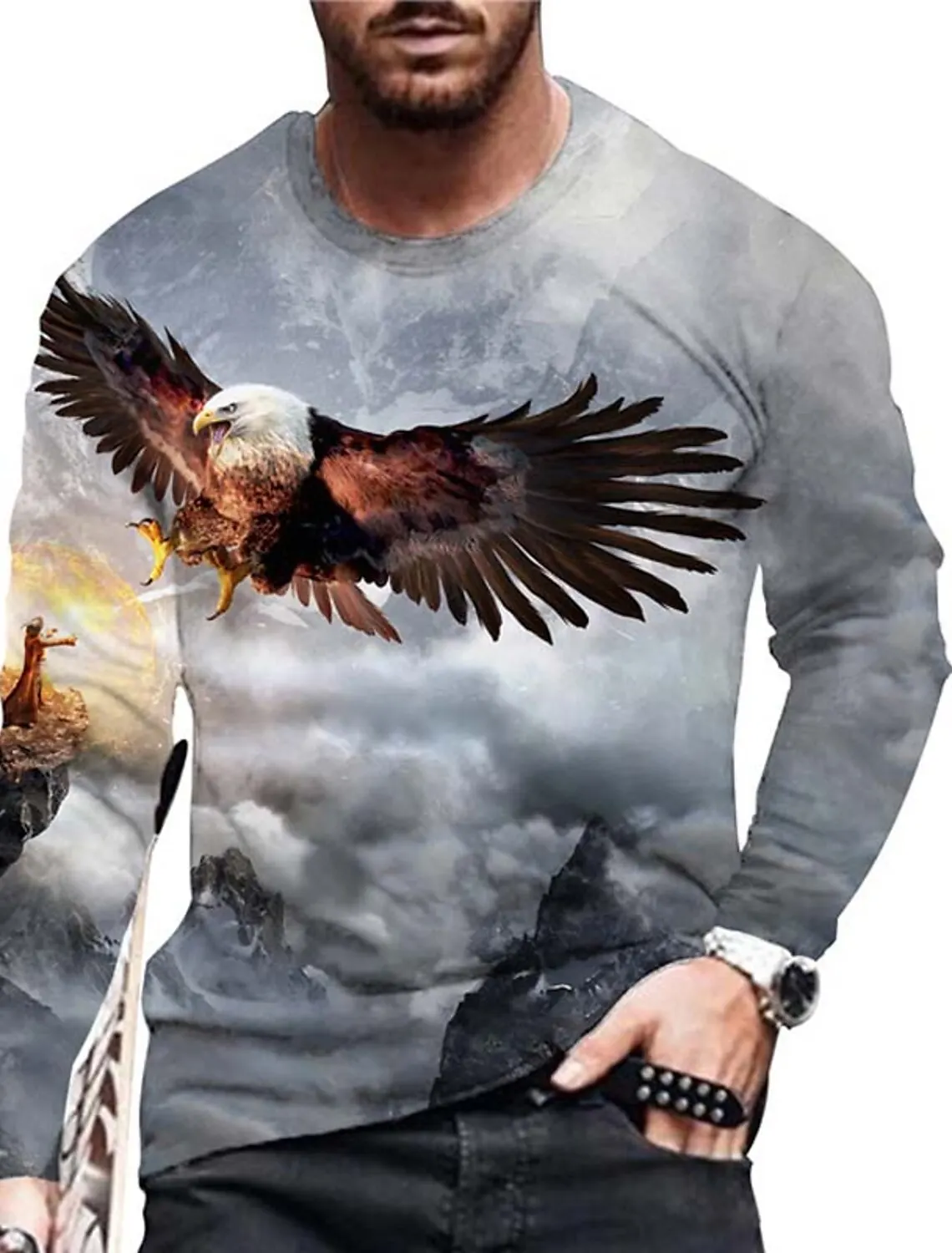 Vintage Men\'s Long-Sleeved Eagle Print 3D Printed Outdoor Street Long-Sleeved Sports Fashion Long-Sleeved Casual Oversized Top