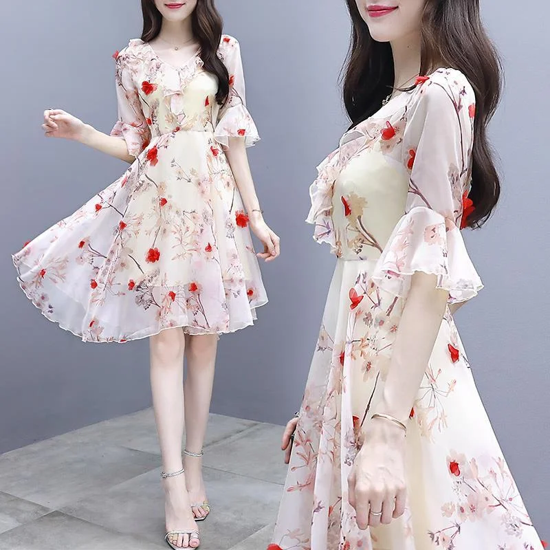 Women\'s New Fashion Ruffled Dress 2024 Summer Korean Fashion Slim Medium Long V-neck Chiffon Floral Dress Female A Word Skirt