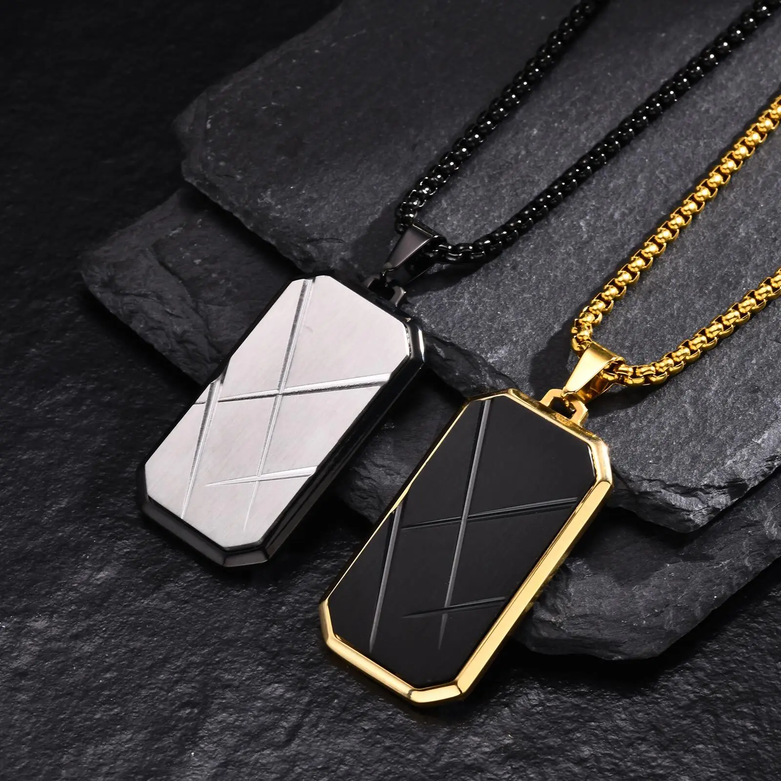 Stylish Dog Tag Necklaces for Men Boys,Stainless Steel Square Pendant Necklace,Punk Jewelry Father Gifts