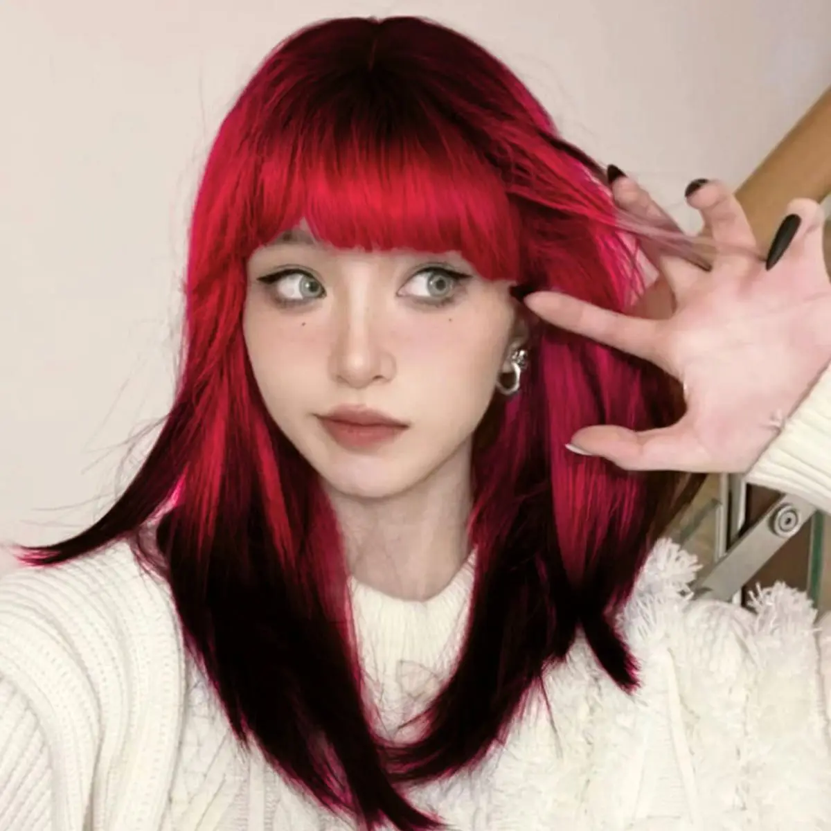 

Anxin New Product Black Root Long Body Wave Black Ombre Red Wig with Bangs for Women Daily Use