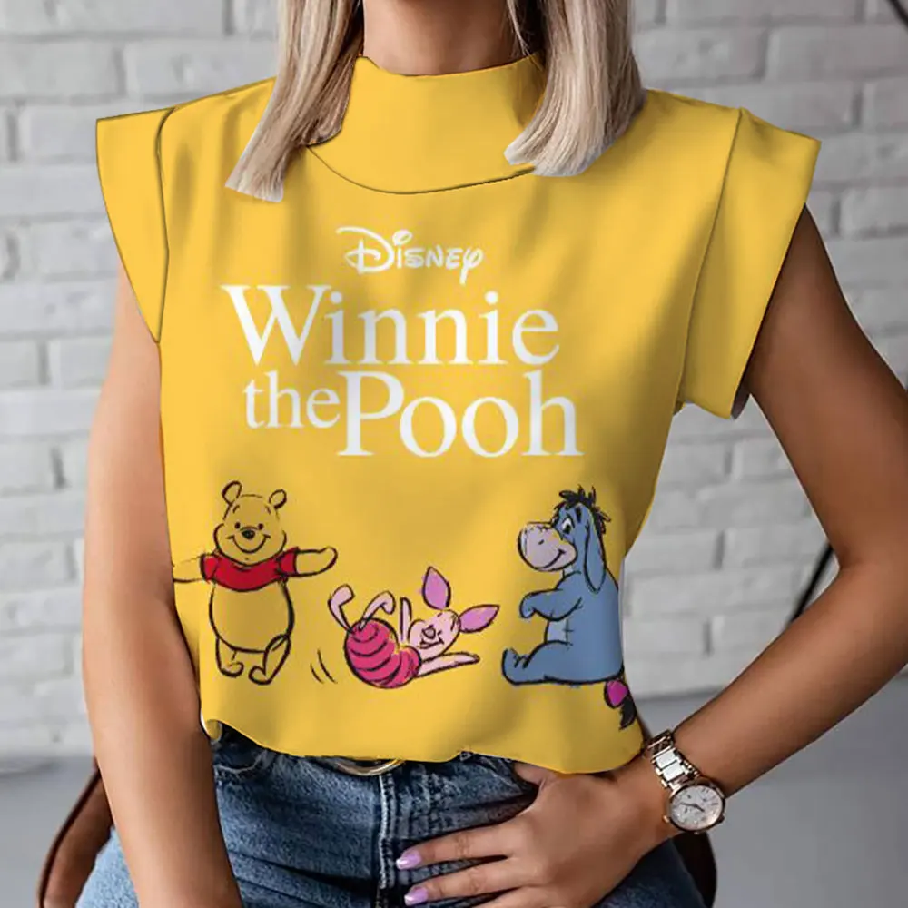 2024 Sommer neue Frauen T-Shirt Winnie the Pooh Cartoon Frauen Roll kragen T-Shirt Mode bequeme lässige Kurzarm