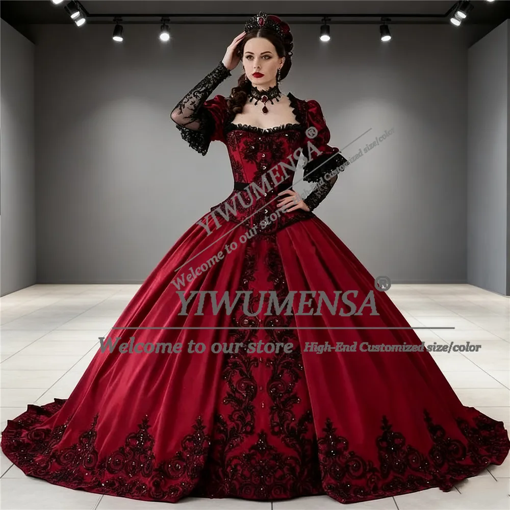 Aangepaste gotische bordeaux zwarte galajurk halve mouwen kanten applicaties satijnen rugloze avondjurken kleding voor speciale gelegenheden