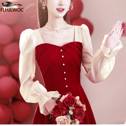 2024 New Year Christmas Chic Elegant Annual Meeting Red Dress Women Square Neck French Design Long Party Dresses Vestidos