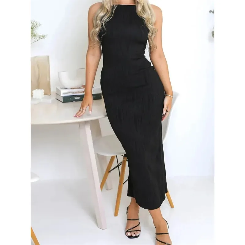 Sexy Women Long Bodycon Dress Ruched Sleeveless Slim Solid Summer Party Back Split Dress Clubwear Female Sheath Dress