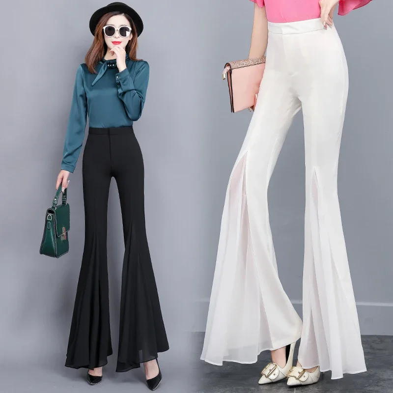 Ladies Chic Chiffon Split Hem Bell-bottoms Pants Women Clothing Girls High Waist Trousers Female Streetwear Clothes Py9822