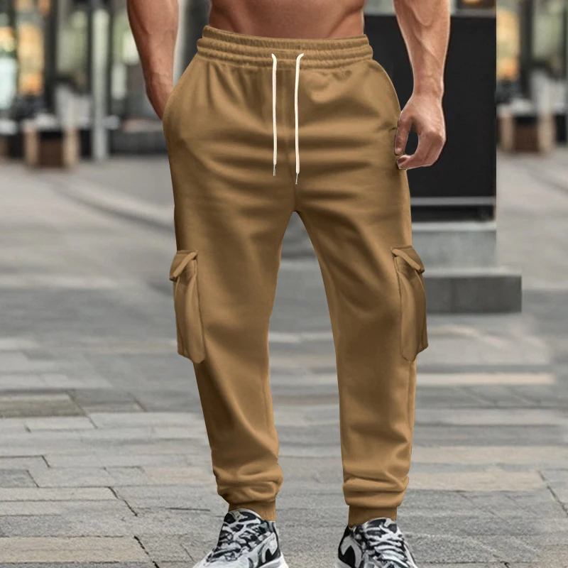

Men's Pants Autumn Winter Fleece Warm Drawstring Multi-Pocket Loose Long Trousers Street Straight Leg Fashion Cargo Sports Pants