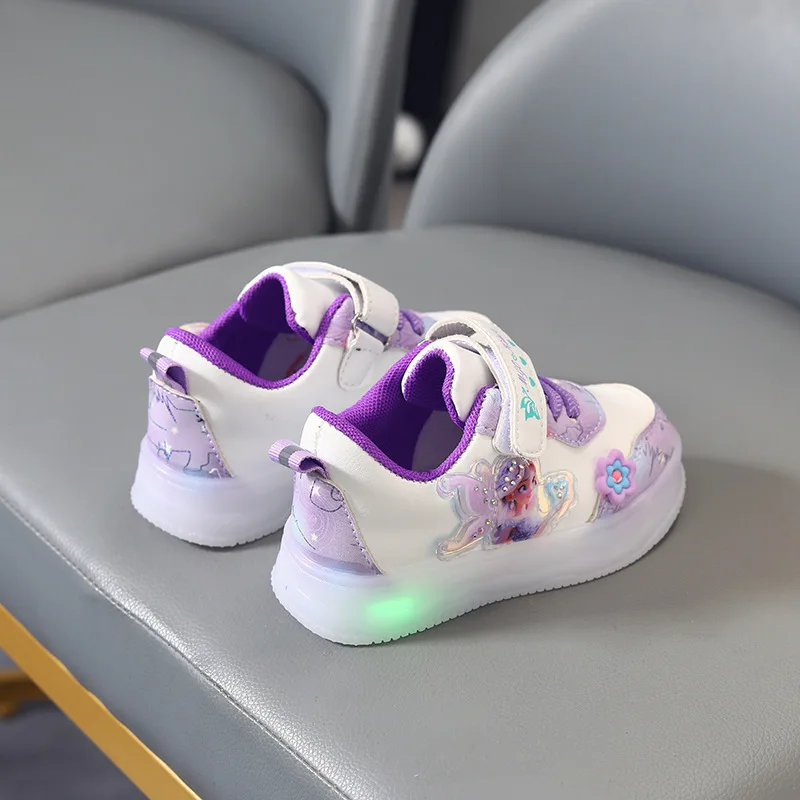 Disney LED Casual Sneakers For Spring Girls Frozen Elsa Princess Leather Shoes Children Lighted Non-slip Pink Purple Size 21-30