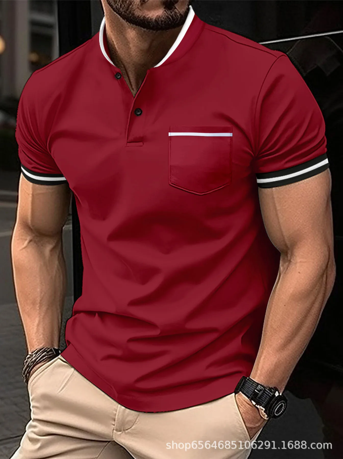 2024 summer new men\'s casual slim fashion short-sleeved solid color standing collar pocket Polo shirt