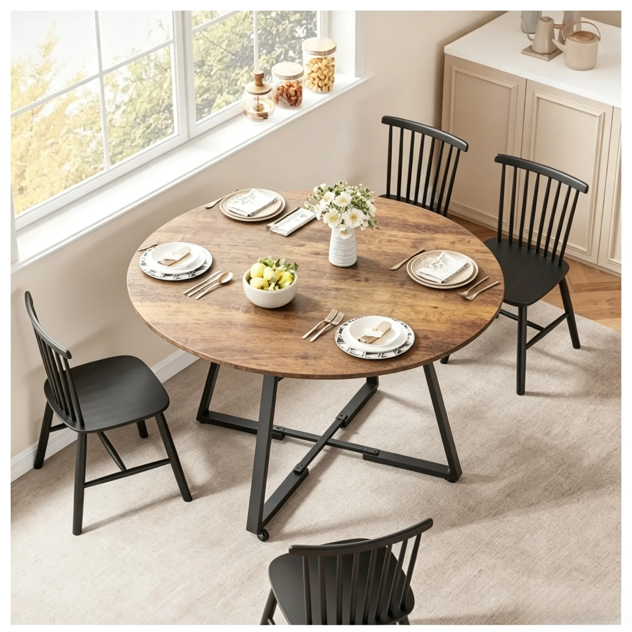 Tavolo da pranzo rotondo, con vano contenitore integrato, per 4-6 persone, stile industriale moderno, ideale per cucina, appartamento, dimensioni 120 x 120 x 75 cm.