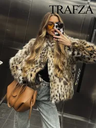 TRAFZA Winter Women Fashion Leopard Print Faux Fur Loose Warm Coat Female Lapel Long Sleeves Side Pockets Casual Slim Coat Mujer