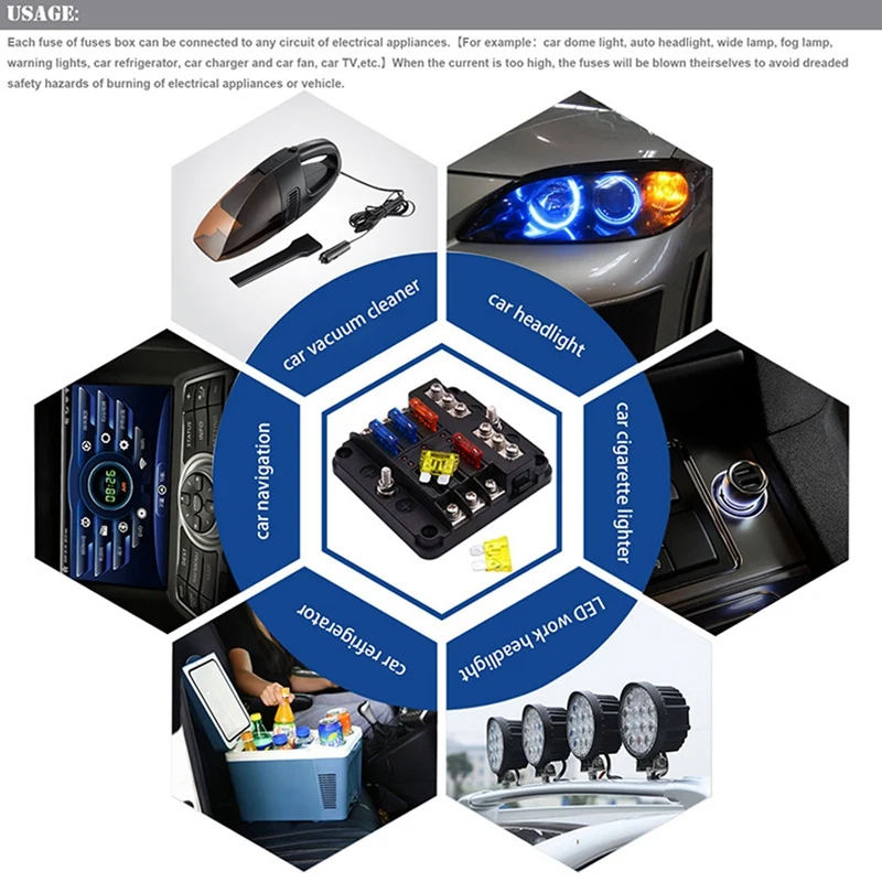Cubierta de plástico caliente con luz indicadora LED M5 Stud 6 vías bloque de fusibles de hoja soporte de caja de fusibles 100A 32V para Auto Car Marine
