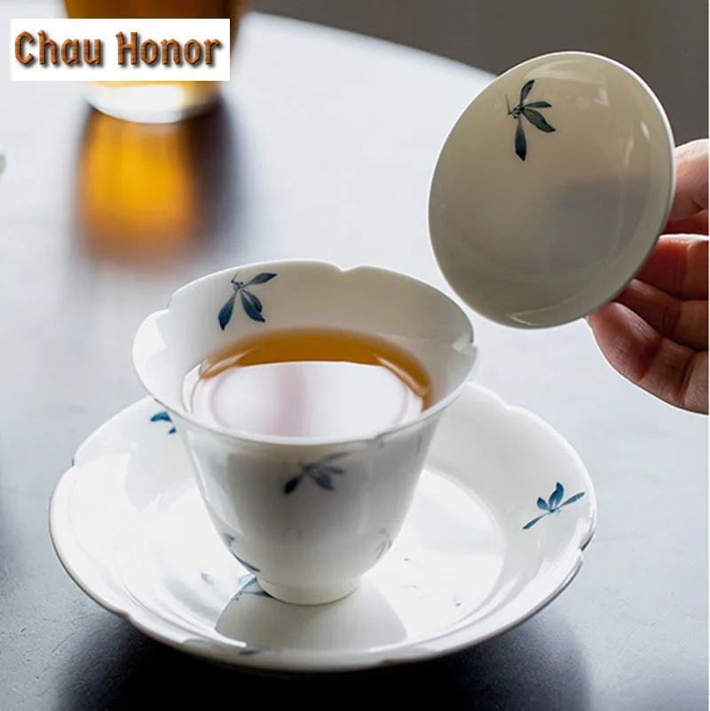 100ml Boutique Pure Handpainted Butterfly Orchid Art Tea Tureen White Porcelain Sunflower Mouth Tea Maker Gaiwan Ceramic Teaware