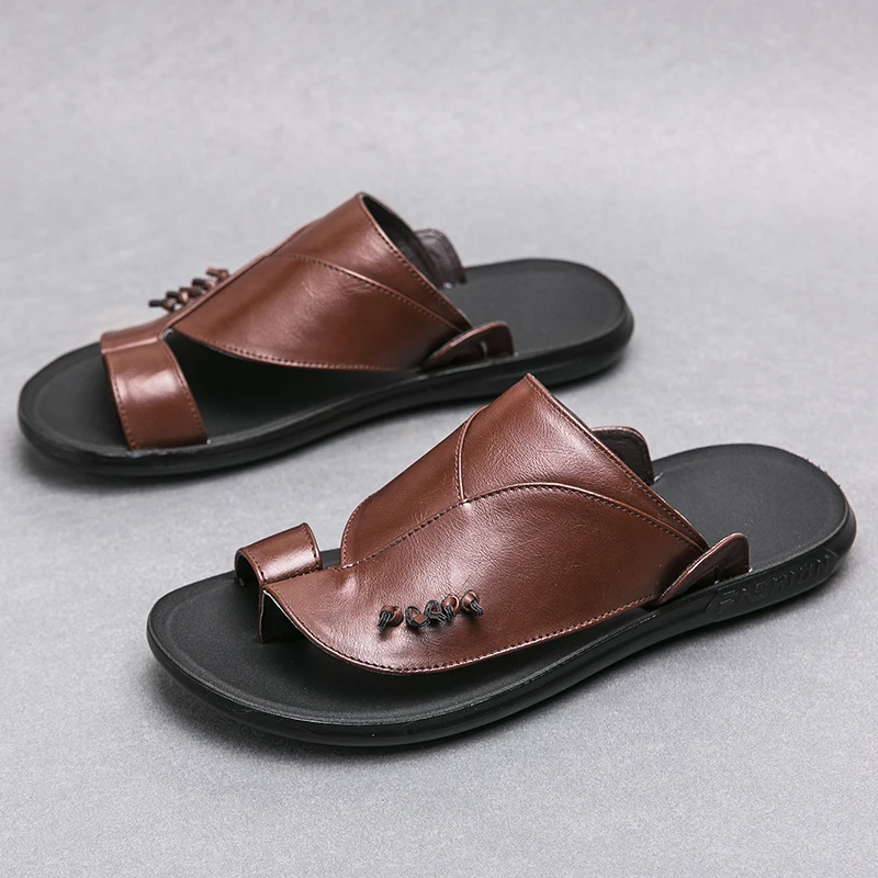 Summer Toe Sandals Genuine Leather Men Slippers Men Shoes 2023 New Slip on Casual Shoes Outdoor Mens Slides Comfy Beach Sandals