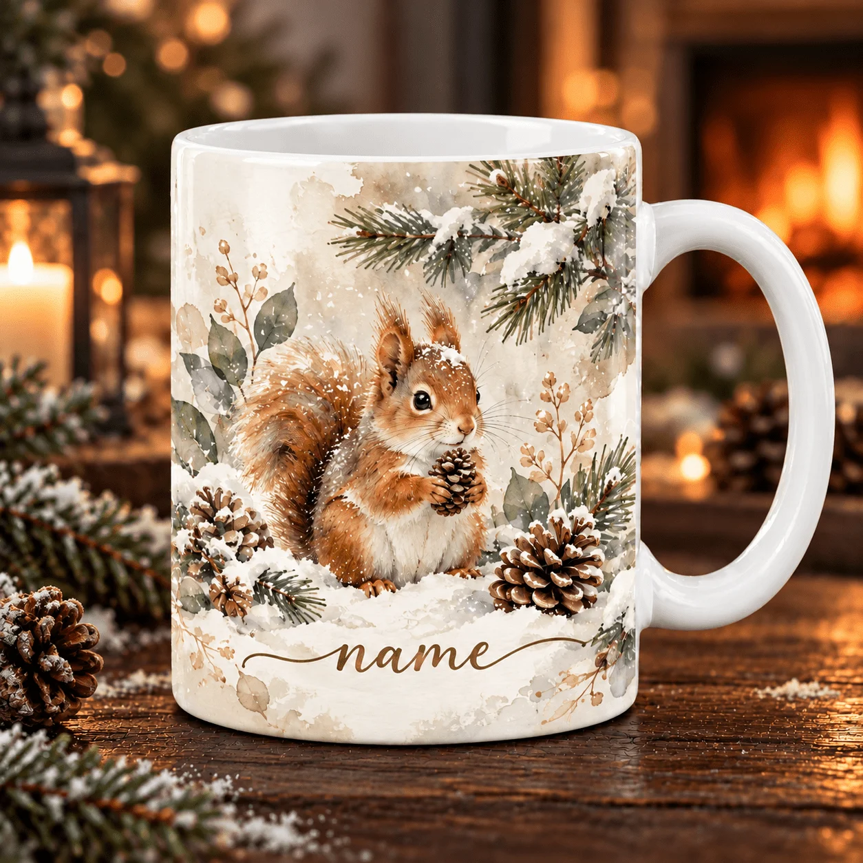 2D Flat Printing 1pc 11oz Custom Name Winter Squirrel Pinecone Watercolor Mug, Christmas Forest Gift For Animal Lover, Hand Wash