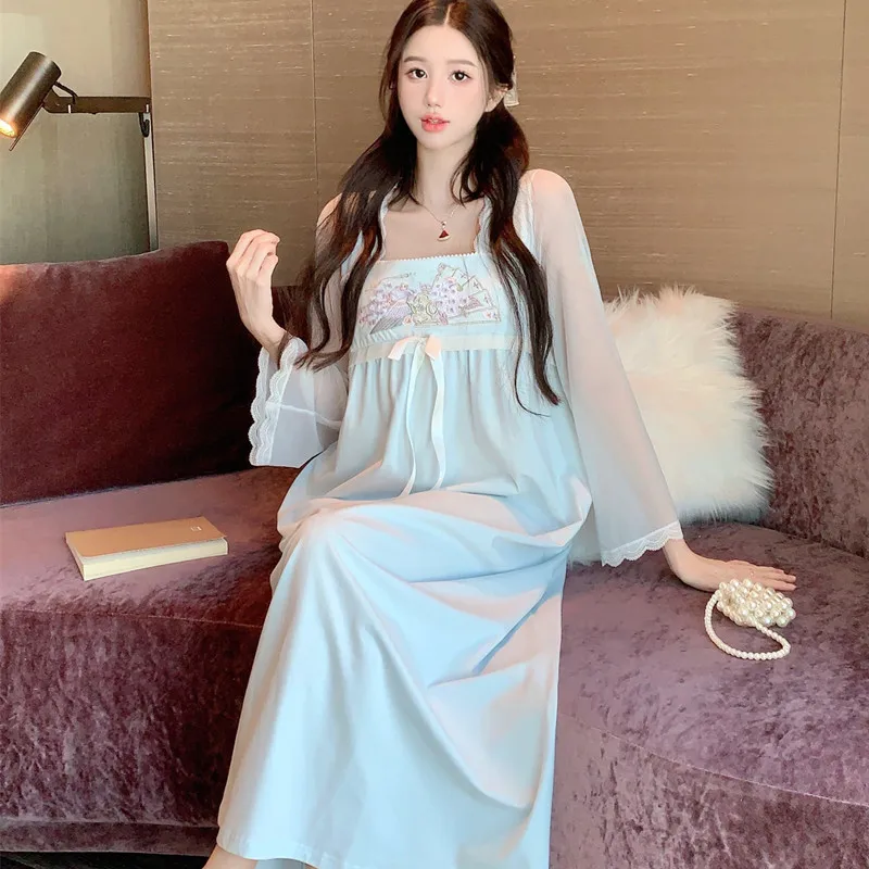 New Chinese Style Pajamas Spring Thin Modal Sleepwear Square Neck Hanfu Long Sleeved Nightgown Sweet Home Suit Women's Clothing