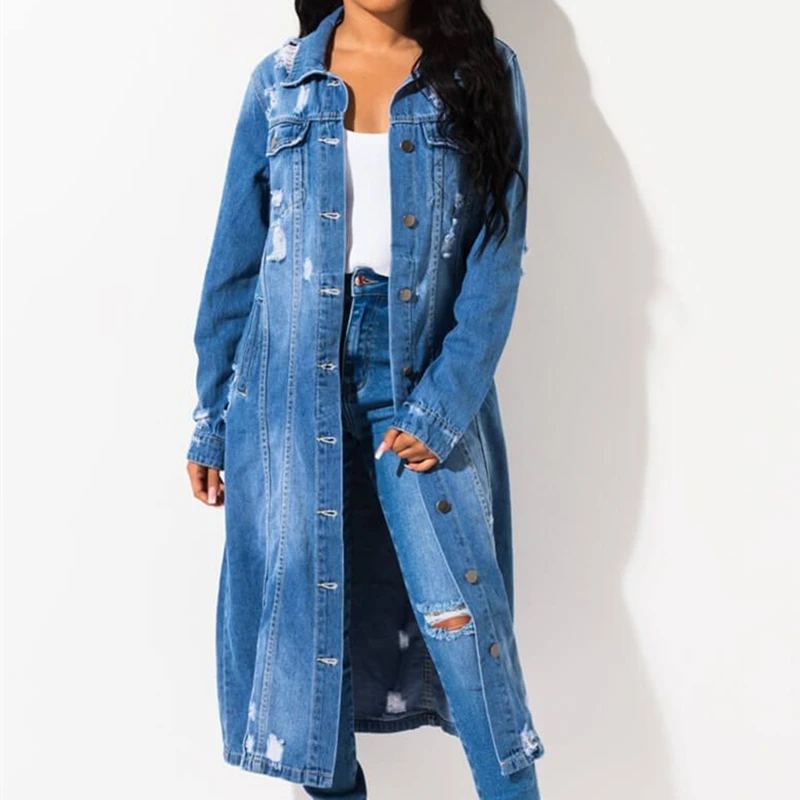 Zomight Spring Autumn Winter Fashion Destroy Wash Hole Cotton Blue Long Loose Denim Jacket Women Jean Trench Coat Cardigan Cape