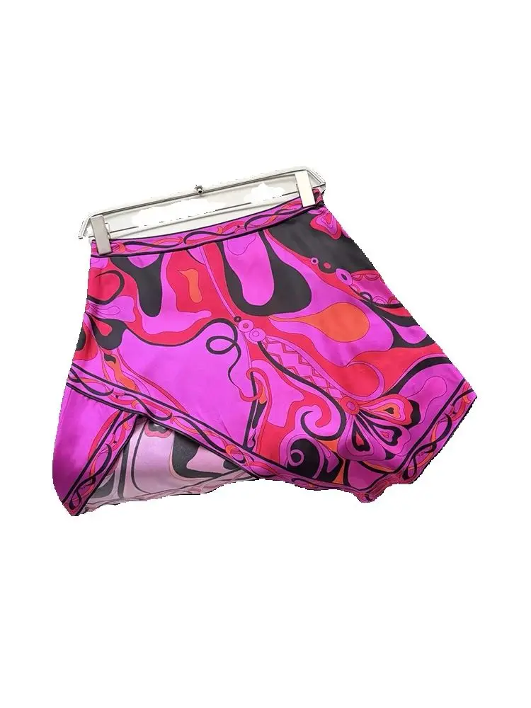 Summer Fashion Beach Style Geometric Print Silk Sexy Mini Skirt Women's Party Middle Waist Slim A-Line Asymmetrical Short Skirt