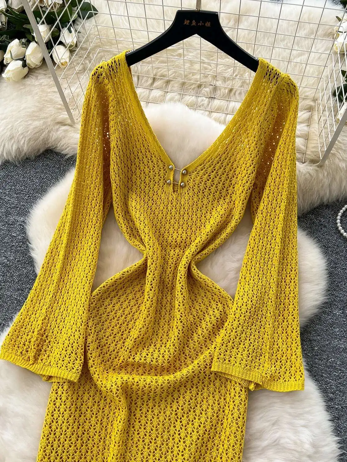 Abito sexy da spiaggia Donna Scollo a V Manica svasata Slim Abiti in maglia cava Estate Solid Boho Casual Abito lungo Abiti