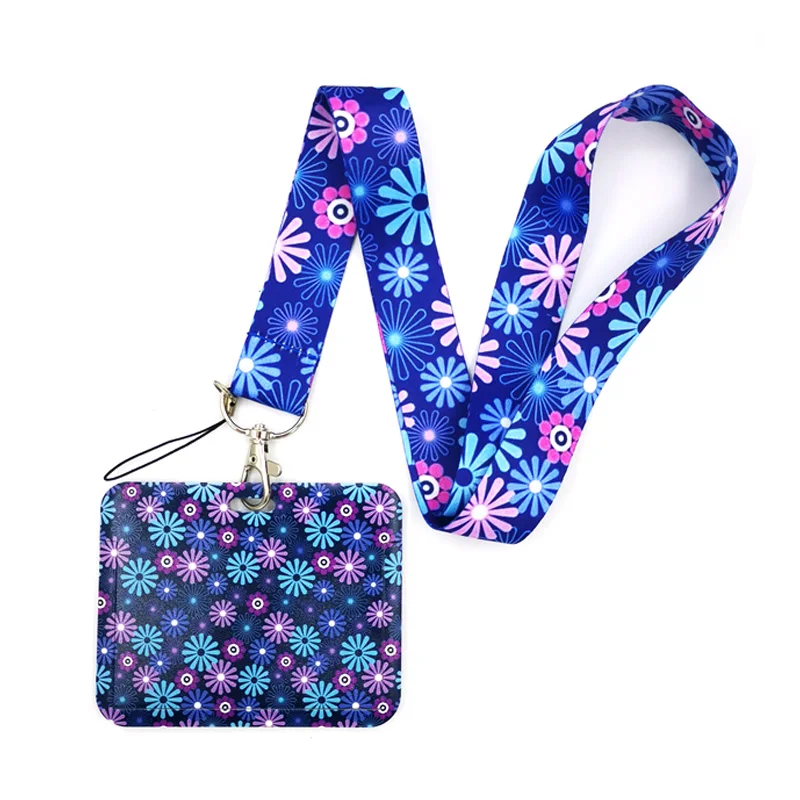 Purple Blue Flowers Key lanyard Car KeyChain ID Card Pass Gym Mobile Phone Badge Kids Key Ring Holder Jewelry Decorations