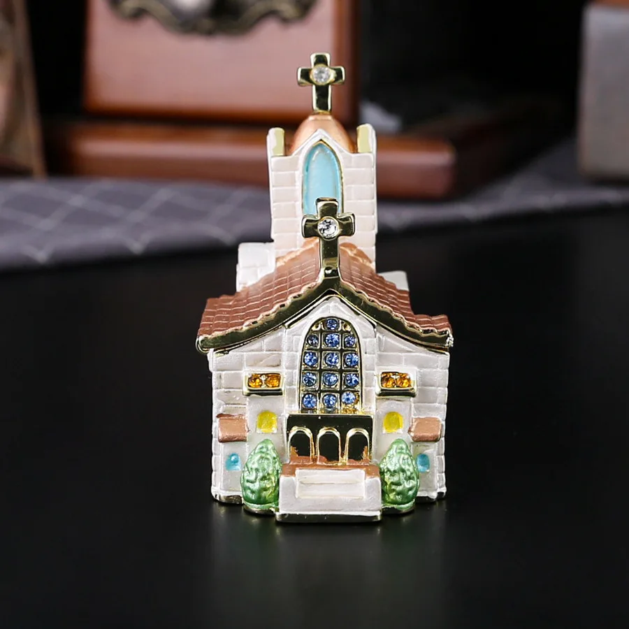Beautiful Pearl White Church Building with Cross Handmade with Enamel Painted Crystals Bejeweled