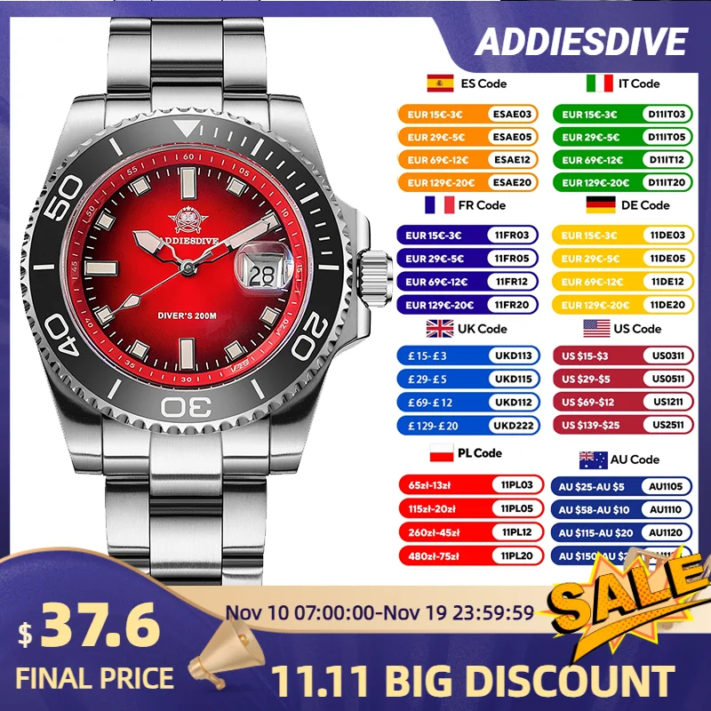 Addiesdive جديد AD2089 ساعة الغوص 41 مللي متر الحافة السيراميك 200 متر مقاوم للماء ساعات كوارتز يابانية BGW9 مضيئة حزام الفولاذ المقاوم للصدأ