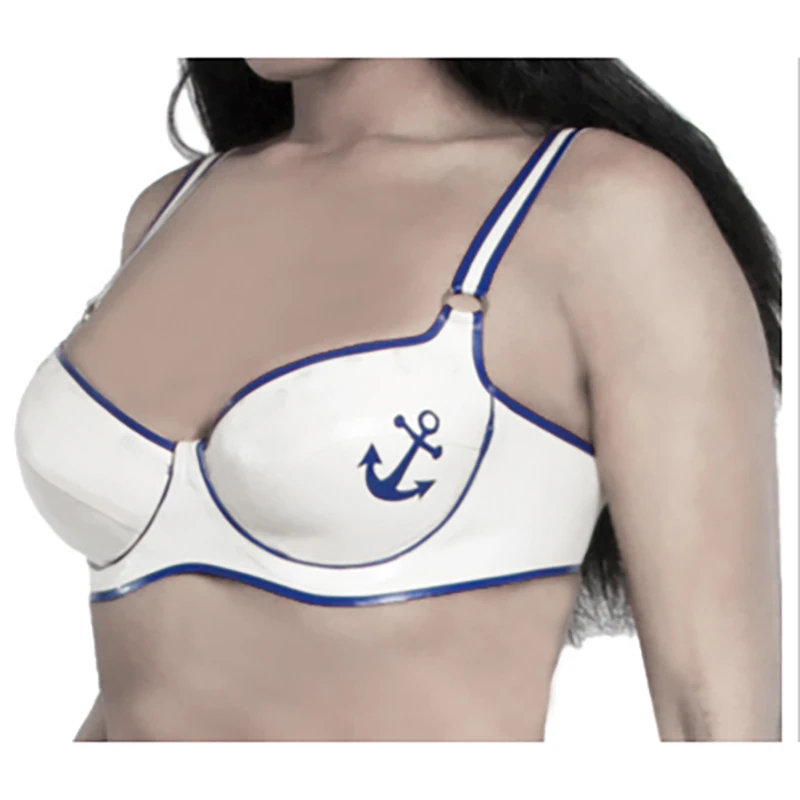 

Blue And White Sexy Latex Sailor Bras Uniform With Button At Back Rubber Underwear Top 0046