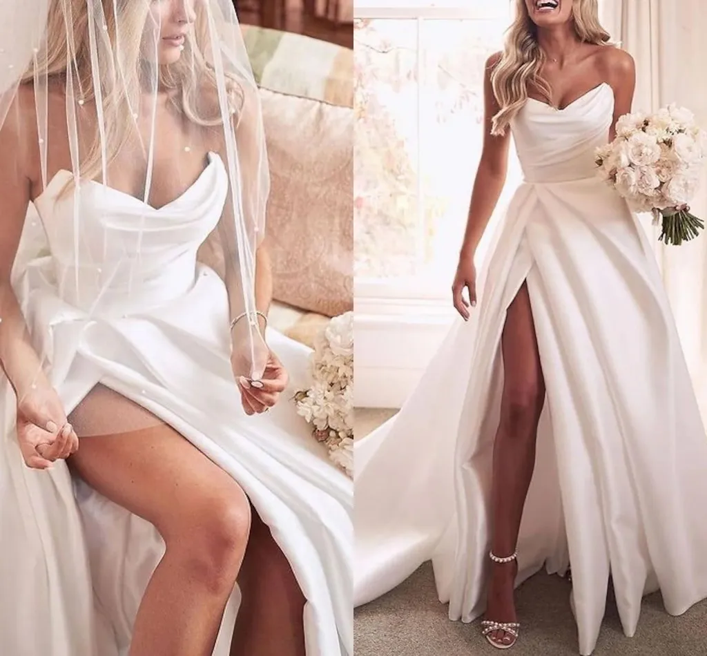 2024 A-Line Wedding Dress Sweetheart Court Train Satin Sleeveless Bridal Gown Simple Sexy Split Front Robe De Mariee