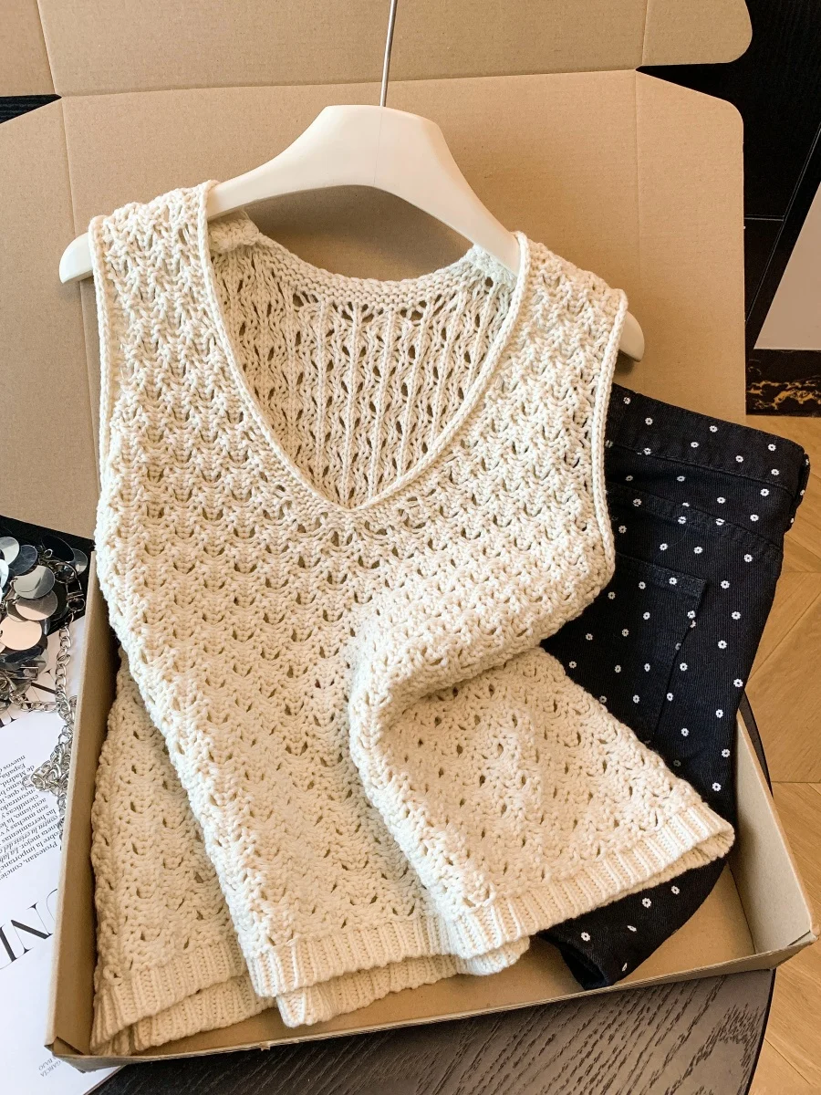 

Премиум-жилет женский вязаный с V-образным вырезом и ажурным узором, повседневный топ без рукавов для весеннего стиля, свободный крой, удобная весенняя верхняя одежда