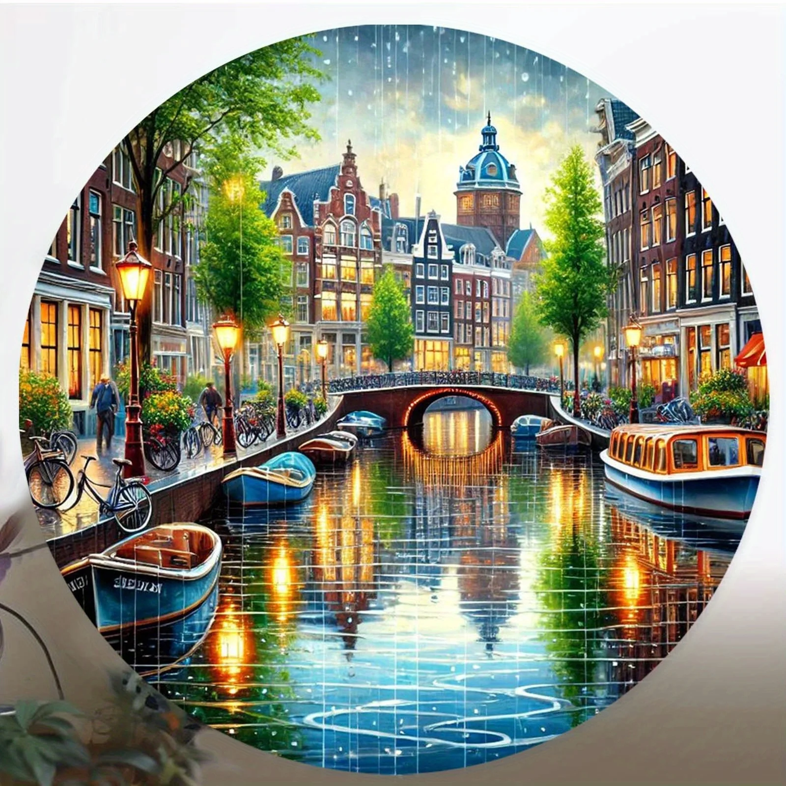 2D Flat, 1pc Amsterdam Canal Round Wall Art - 20.32x20.32 cm Metal Iron Sign with Vibrant 2D Flat Print, Pre-Drilled Holes for E
