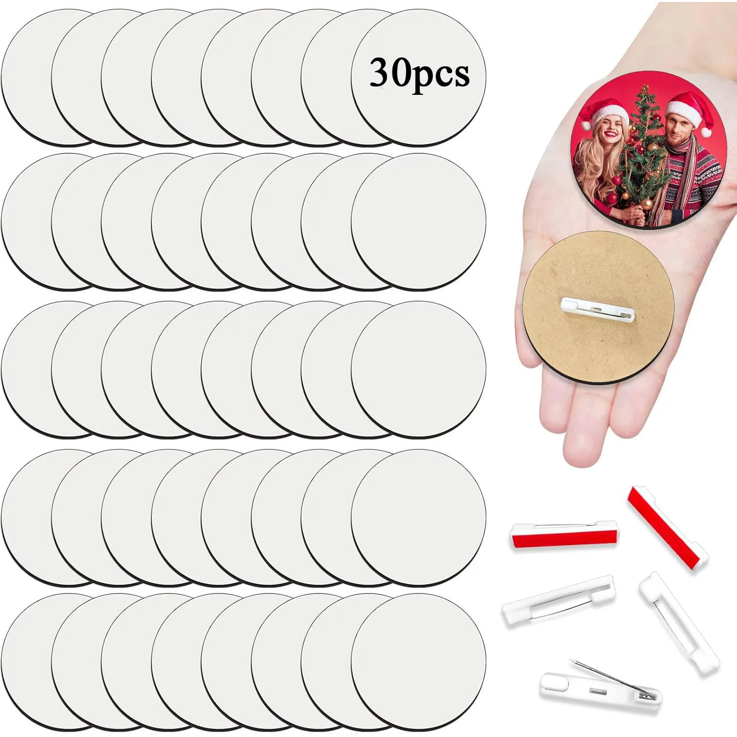 30pcs MDF Round Sublimation Printing Name Pin Badge Sublimation Blank Buttons Pins for School Projects DIY Crafts