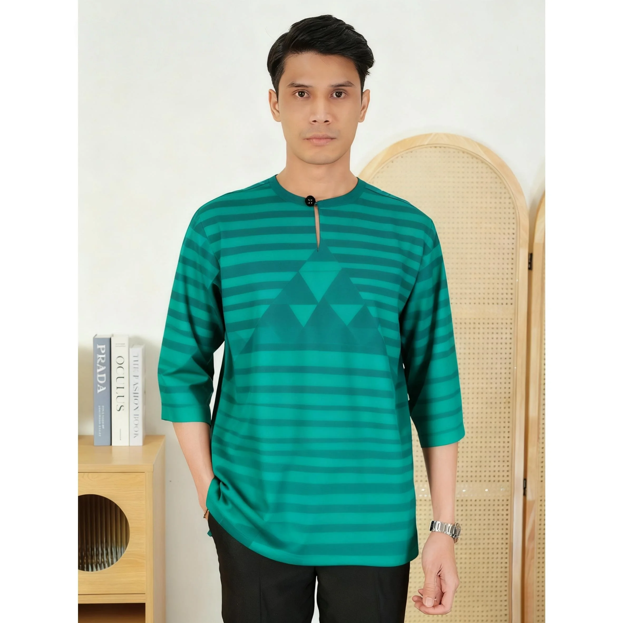 تي شيرت إسلامي مخطط مطرز للعيد بأكمام قصيرة جوبا عبايات فضفاضة غير رسمية 2026 Ropa Hombre إسلامية #4