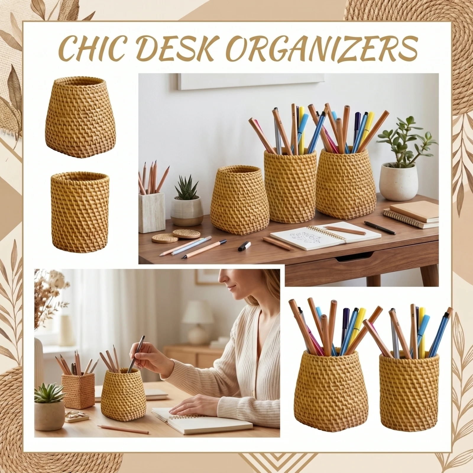Imitation Rattan Pen Holder Fashion Desk Pencil Holder Boho Style Desktop Organizer Decorative Pen Container Office Ornament