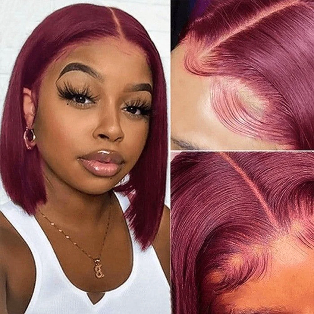 Burgundy Short bob wig Pre Pluckes 13X4 Colored Human Hair Lace Frontal Wigs Ombre 4x4 Closure 99J Red Straight Bob Lace Front W