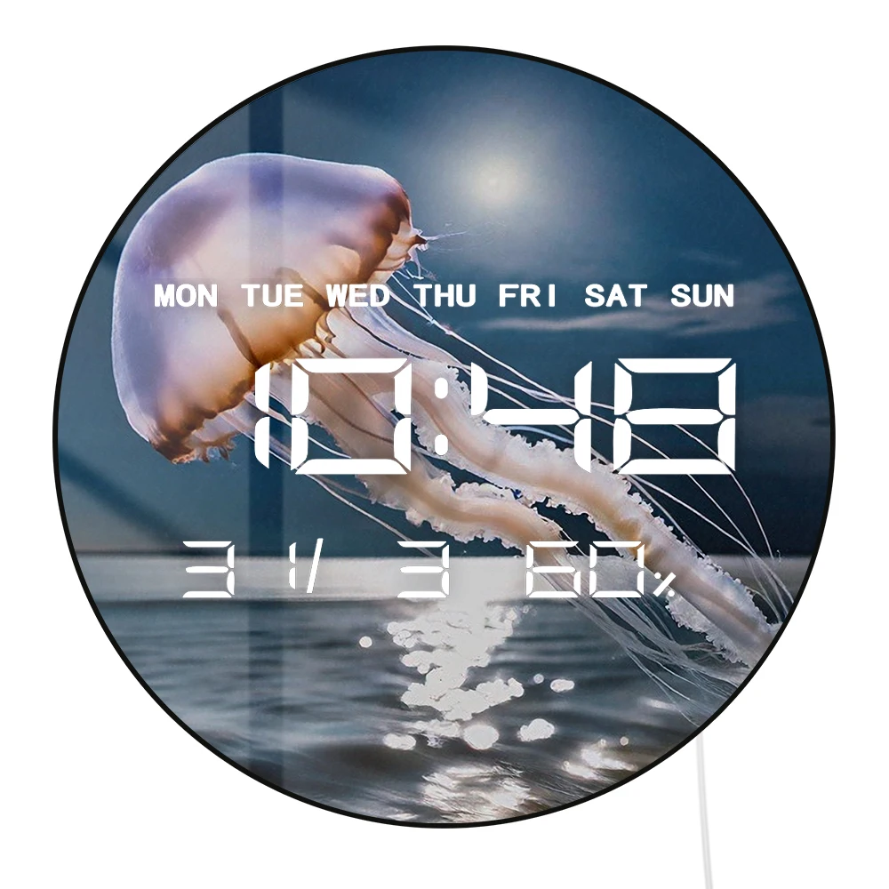 Jellyfish with Moonlight Shadow Dual Purpose LED Digital Clock Wall Desk Use Electric Wall Clock with Date Calendar Temperature