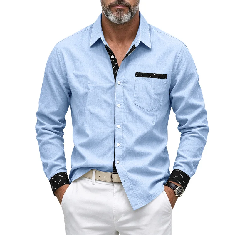 Men's Cotton Linen Shirt Long Sleeve Contrast Pocket Lightweight Breathable Hawaiian Casual Beach Shirt for Summer Vacation Wear