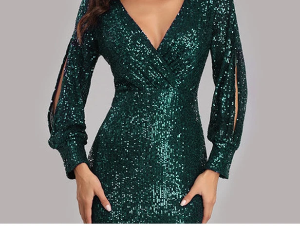 Plus Size Long-sleeved V-neck Sequined Fishtail Evening Dress for Women Prom Formal Dress Women Elegant Green Long Dress Gown