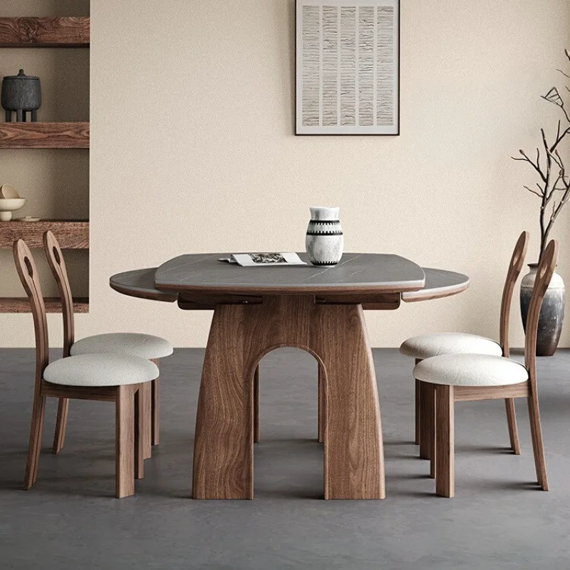 

French rock slab dining table household small apartment foldable modern simple cream wind variable small round table