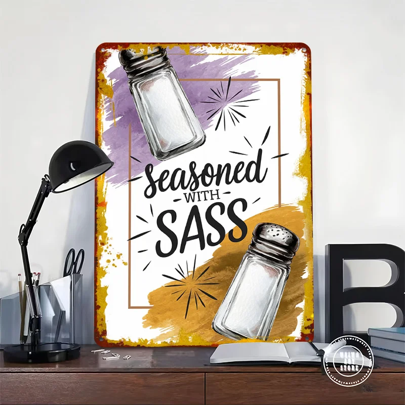Seasoned With Sass Salt Shaker Art Tin Plaque Poster Customized Wall Art Retro Vintage Metal Signs for Man Cave Home Decor Items