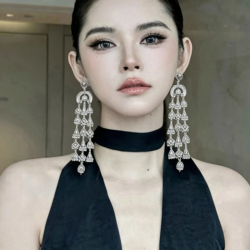 Retro Hollow Engraved Geometric Fringed Earrings for Women 2026 Long Drop Fashion Show Statement Jewelry Accessory