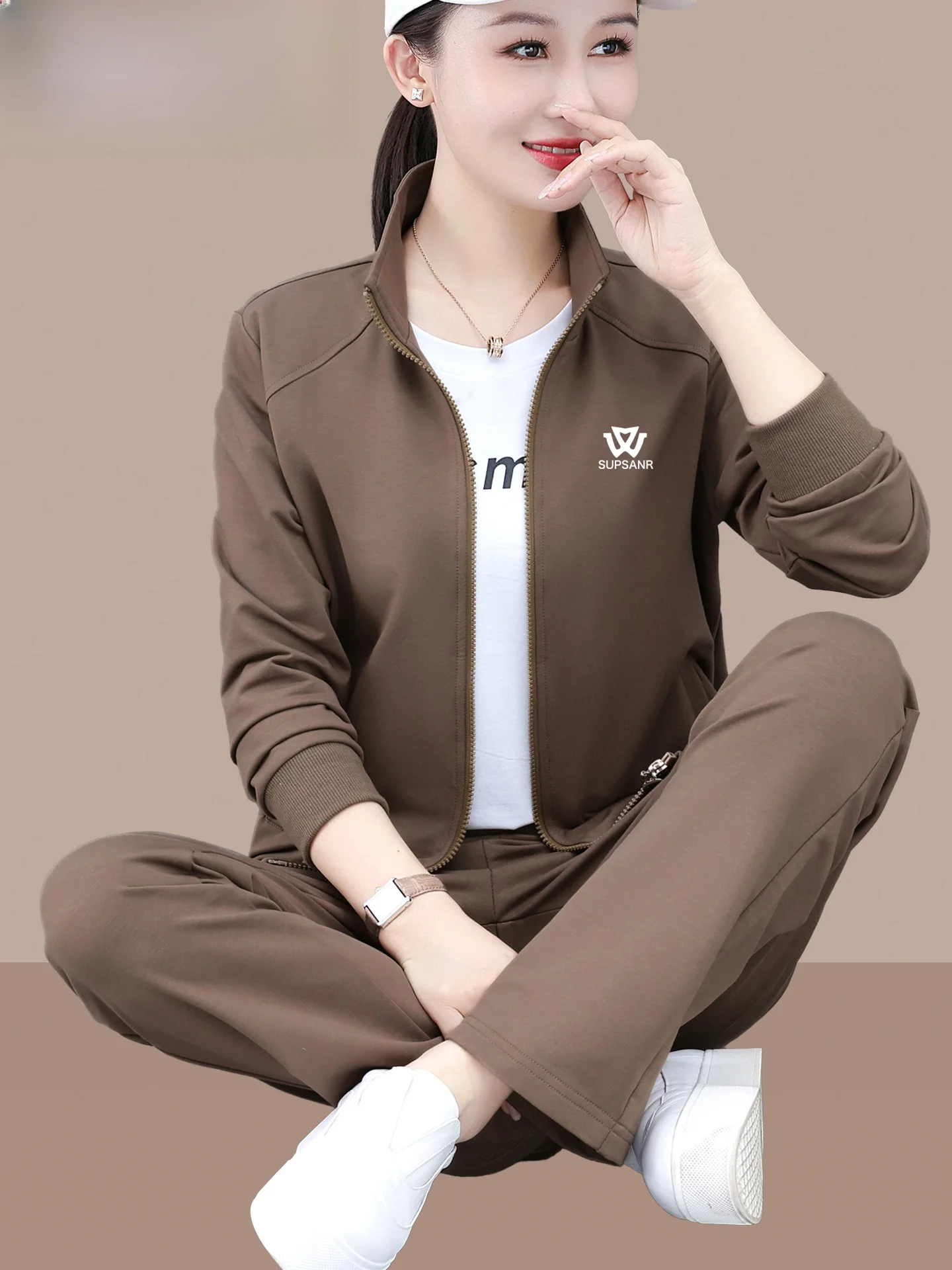tucano-woodpeer-hoodie-sports-set-women's-spring-autumn-2025-new-midlife-mom-sli-youthful-stand-collar-tee-piece-set