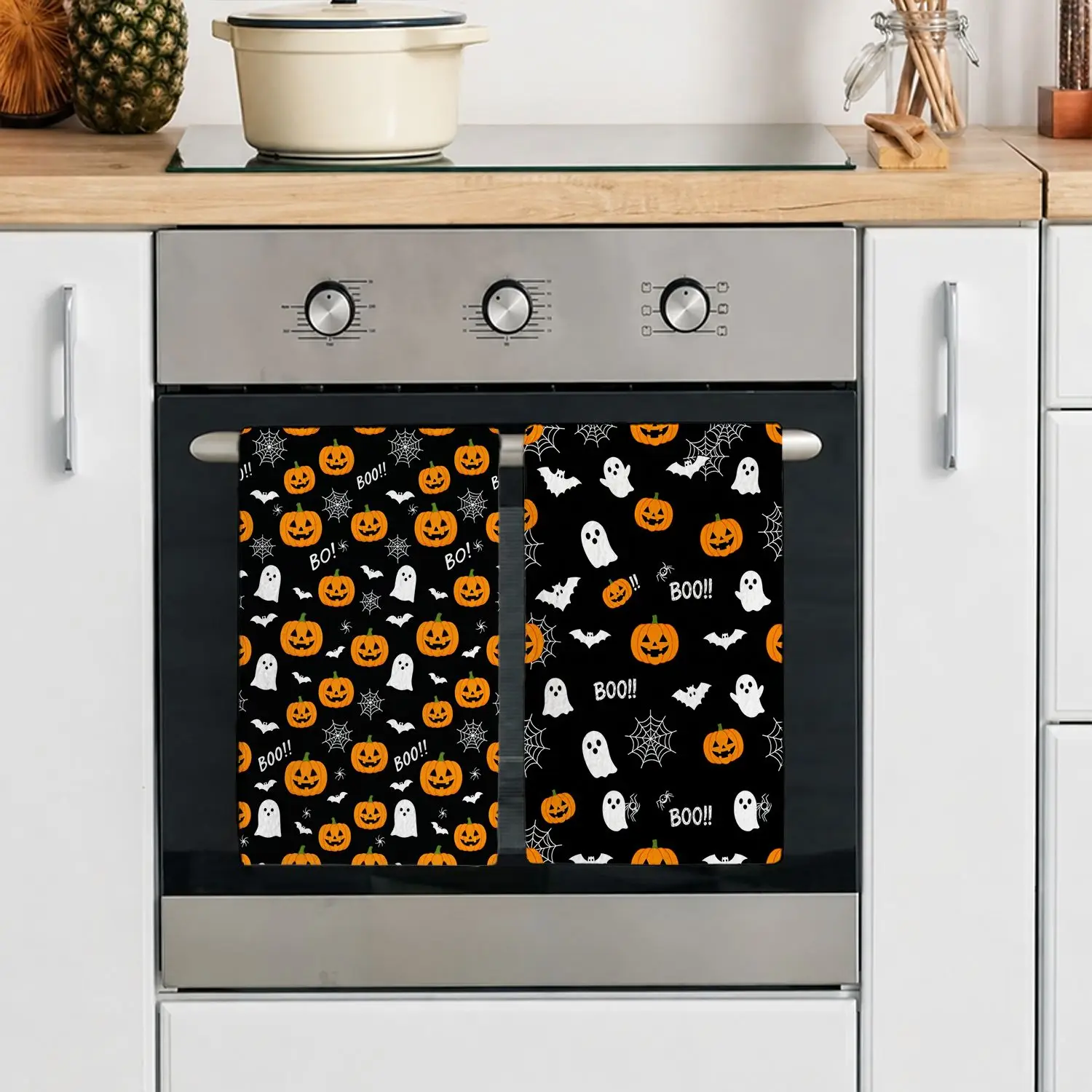 2-Pack Halloween Pumpkin Ghost Bat Spider Web Pattern Kitchen Towel Dish Towel