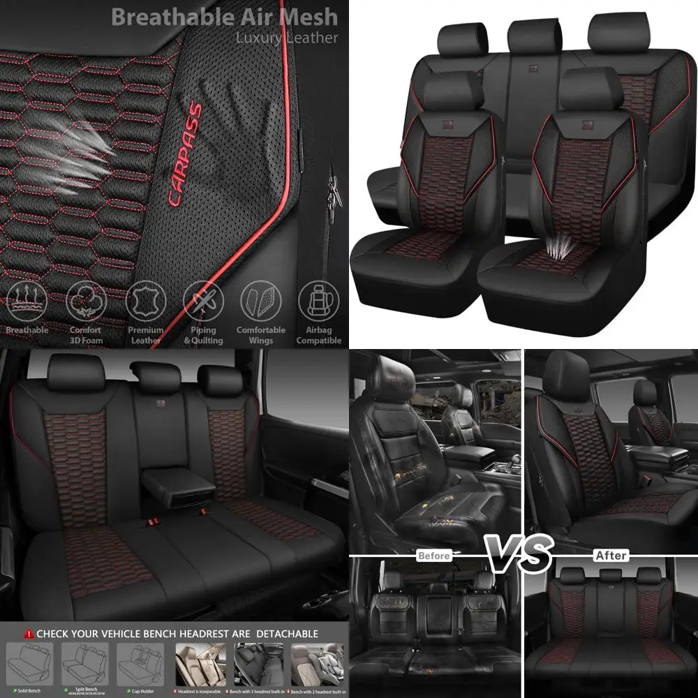 

Universal Fit 3D Mesh Leather Car Seat Covers, Breathable Faux Leather for SUV, Truck, Sedan, Airbag Compatible, Black & Red