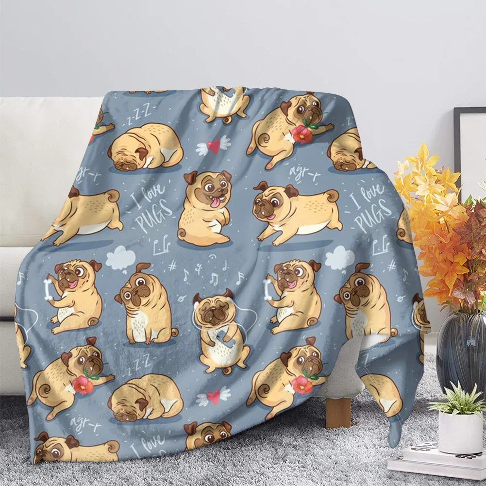 Flannel Blanket Cute Animal Pug Dog Soft Warm Fall Sofa Fleece Throw s for Bed  Couch  King Size Lightweight