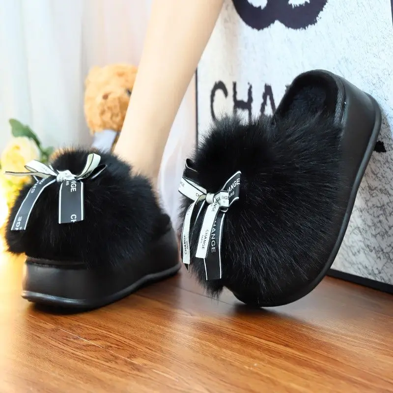 Ins new stylish winter platform slippers women's super fluffy indoor shoes fur slides woman trends chic fuzzy outdoor mules shoe