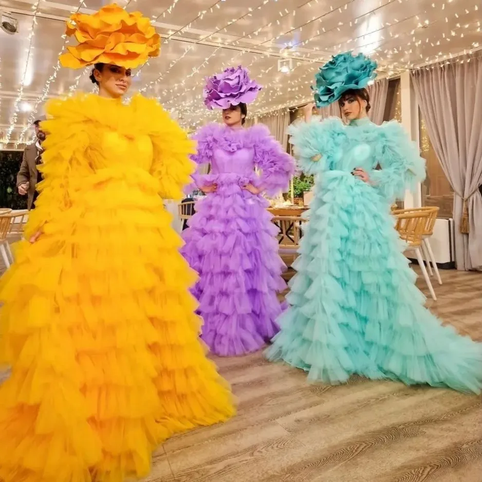 

Изысканное пышное тюлевое платье с длинными рукавами, великолепное макси-платье с оборками для свадебной фотосессии, выпускного вечера, многослойное, А-силуэт