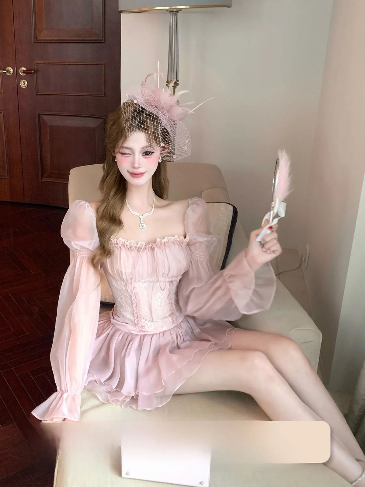 

Joykiki Pure Desire Spring Lace Splice Design Women's Top Princ Sle Bubble Sve ort Length Color Faion